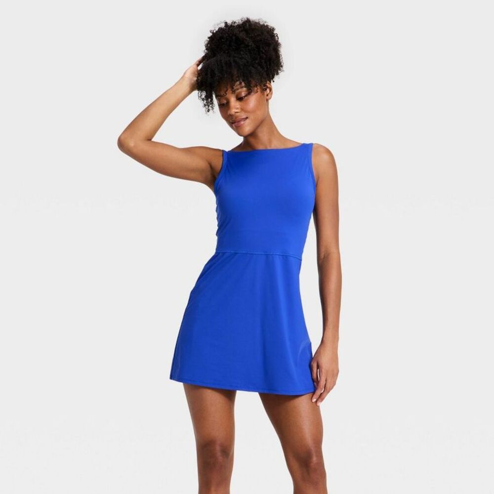 Open Box - All In Motion - Women's Knit High Neck Active Dress - A Blue